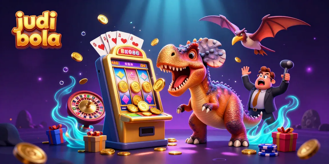 Experience thrilling judi bola action as cartoon dinosaurs interact with vibrant casino elements.