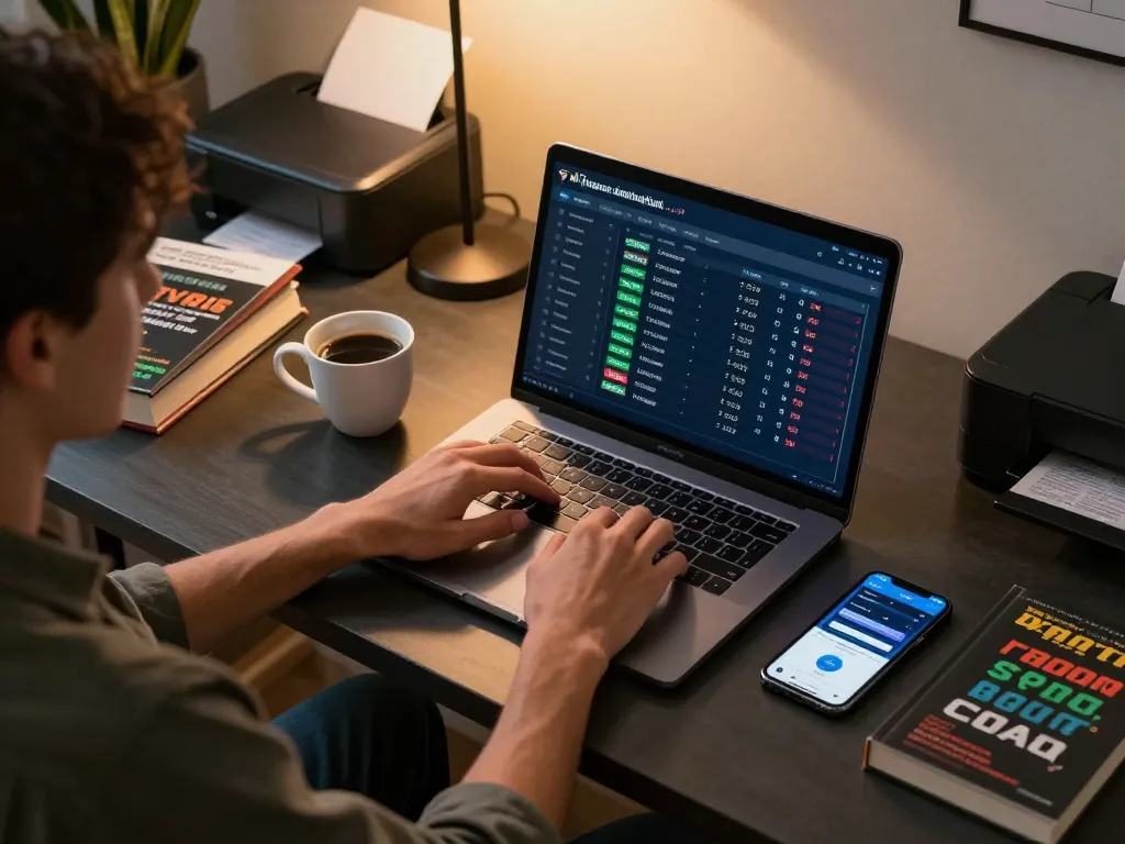 Engaging sports betting action with superjp player using laptop at home desk, warm ambiance