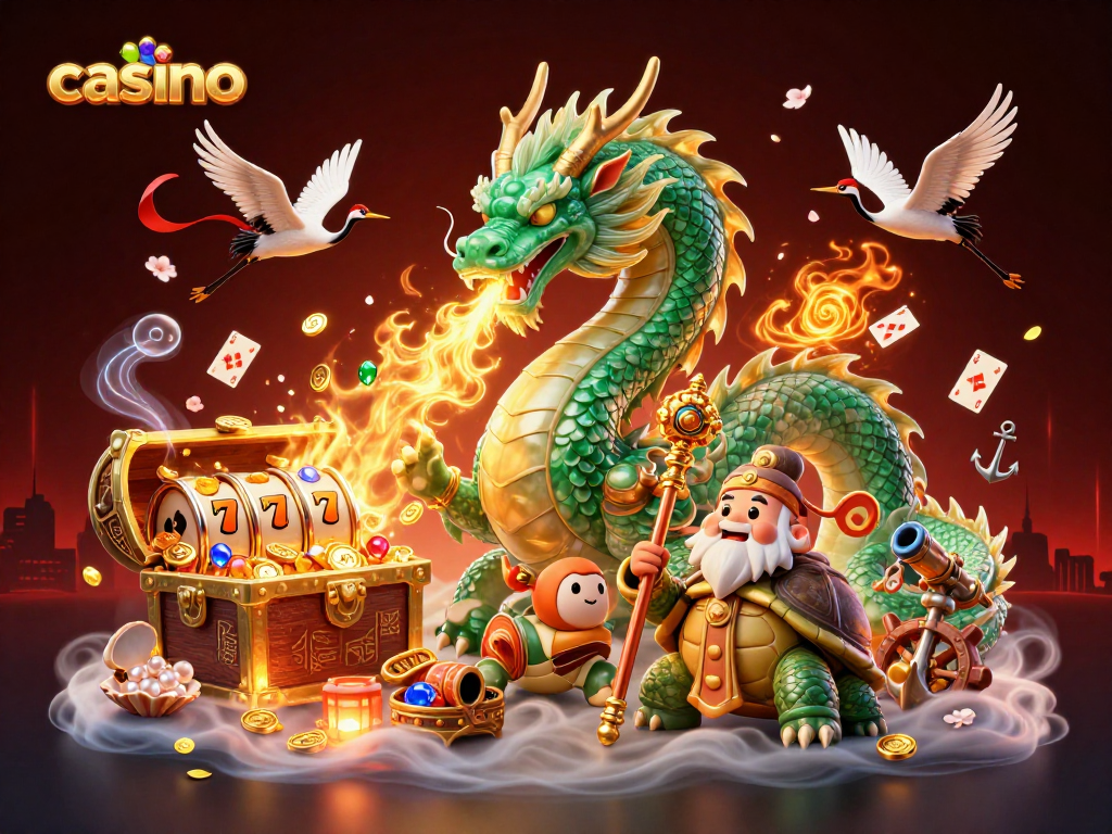 Engage with the casino magic featuring a dragon, turtle, and lucky cranes in a vibrant digital illustration.