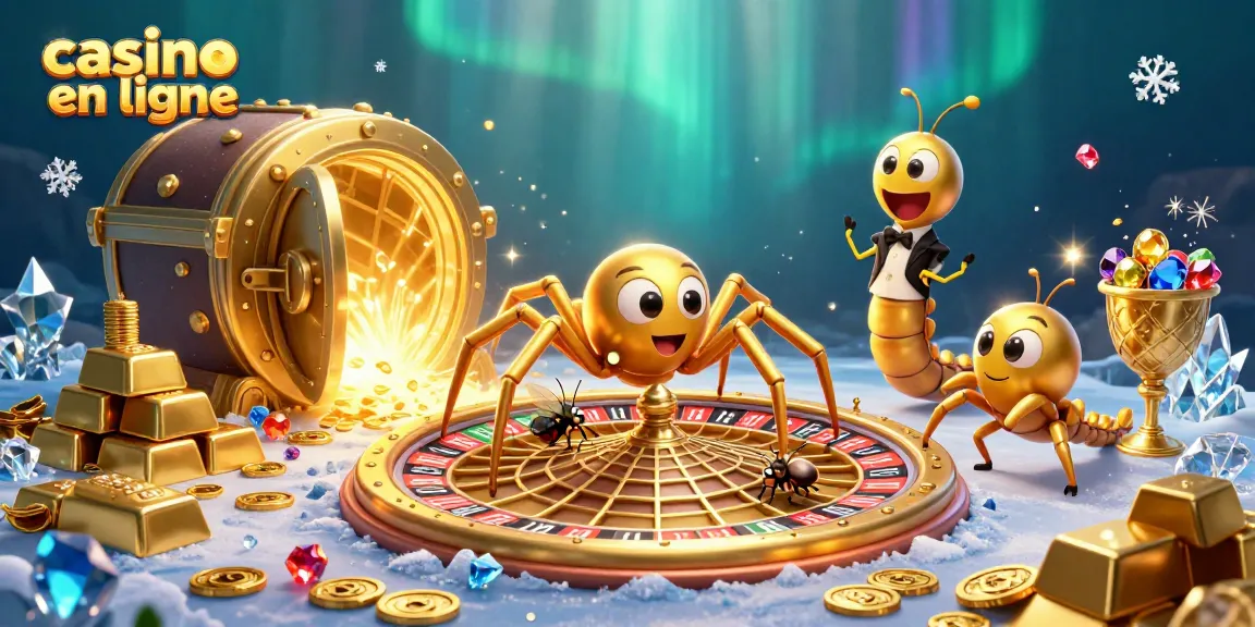 Plongez dans l'univers du casino en ligne avec cette illustration où une araignée d'or et un croupier centipède animent une scène d'excitation.