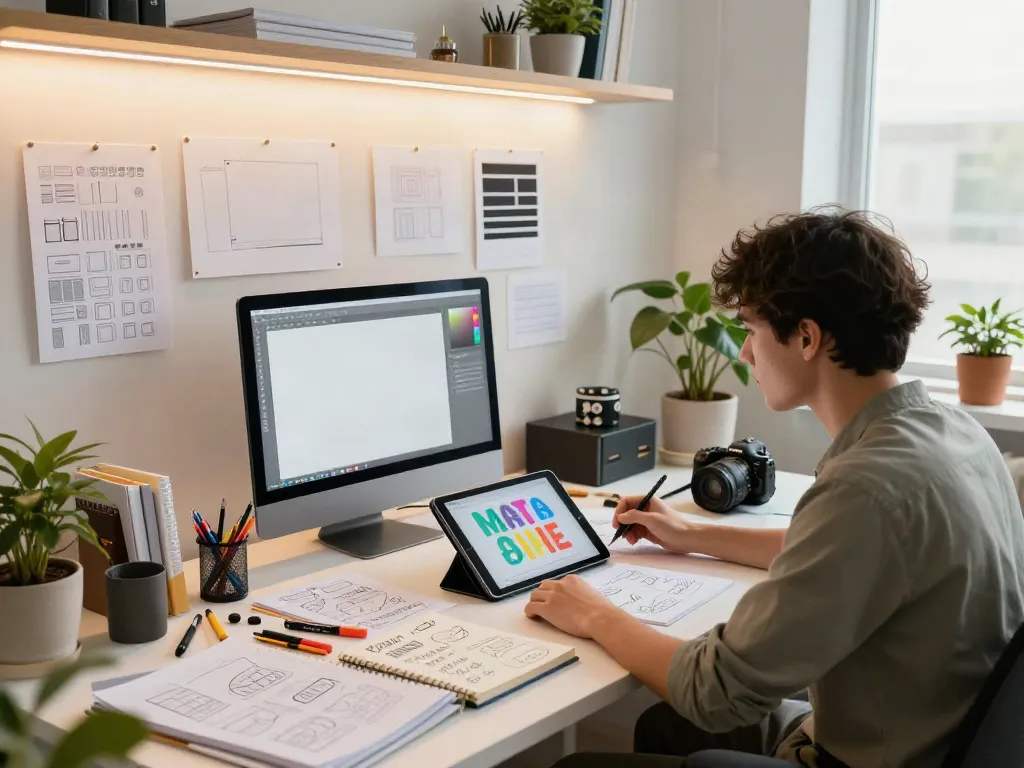 Designer creating innovative typography in a vibrant workspace, showcasing Typeshutter creativity with digital tools.