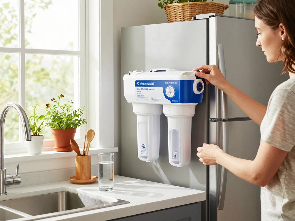 Expert installation of Waterspecialist Replacement for GE® RPWFE® water filter in a bright home kitchen.