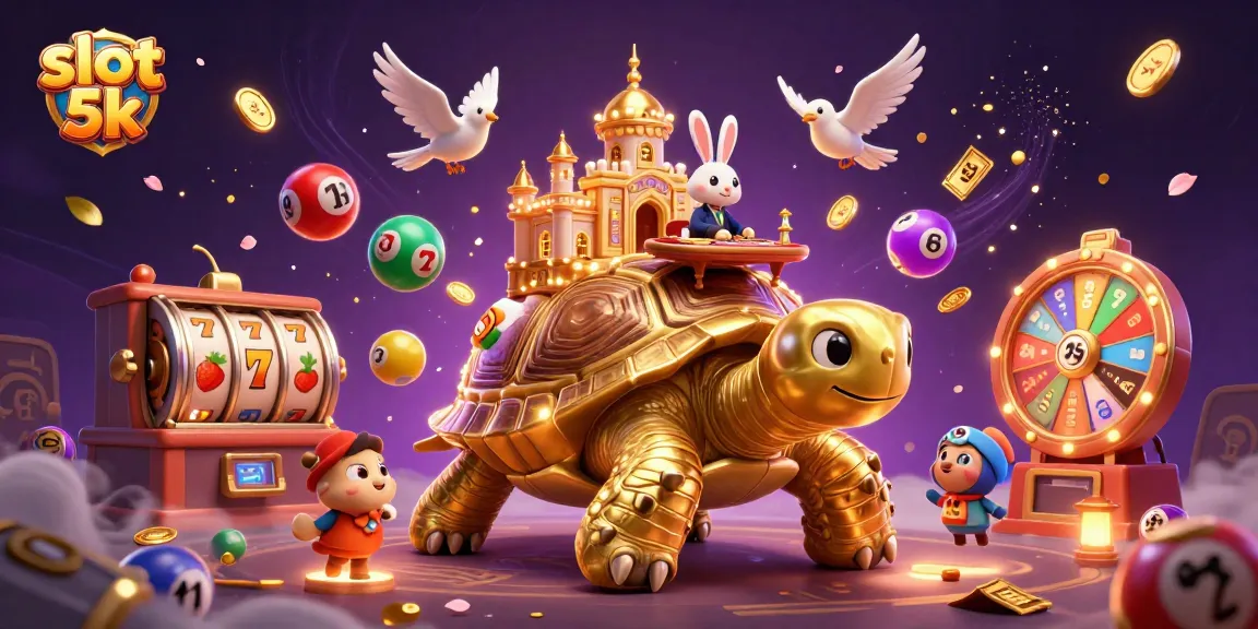 Engaging scene of slot 5k featuring a golden tortoise, rabbit dealer, and vibrant slot elements.