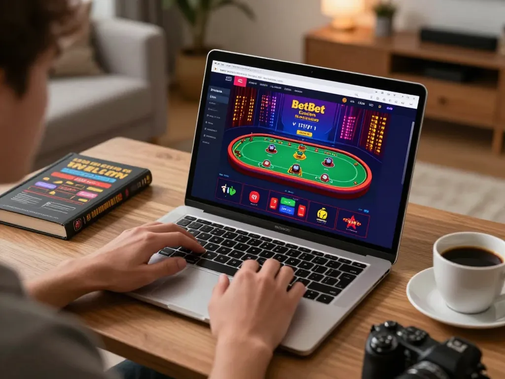 BetBet player engaging with live dealer game on laptop in a cozy home environment, focusing on betting strategy.