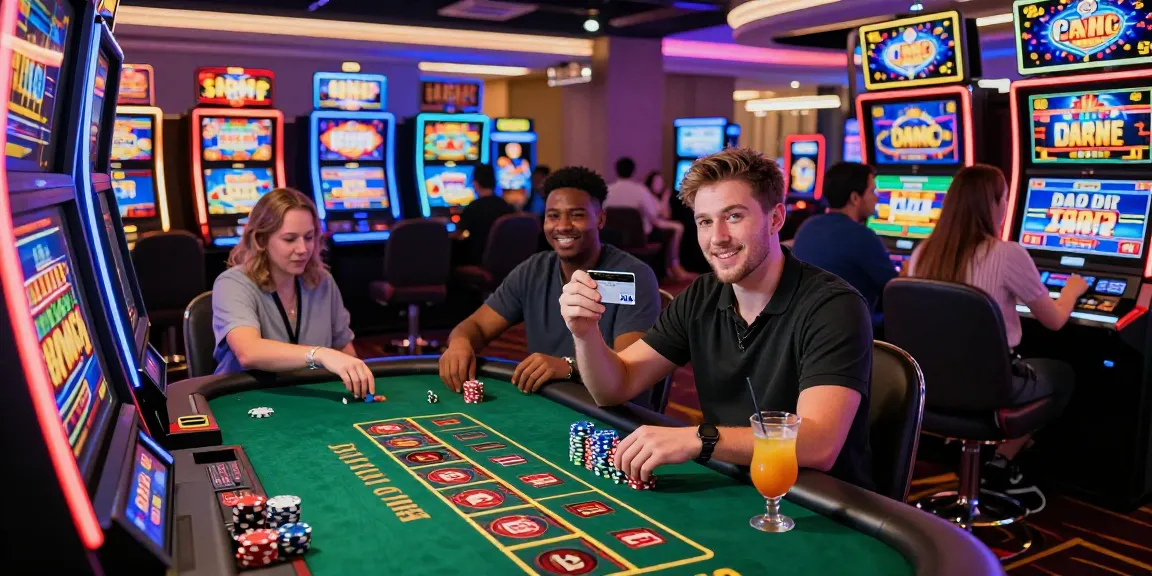 Exciting gaming atmosphere at https://brcs.co.uk featuring players with a Visa credit card celebrating wins in a vibrant online casino.