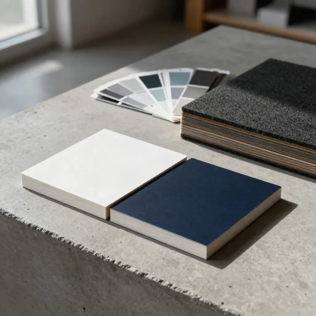 Overhead layout of blank ad cards, swatches, and foam panels on concrete