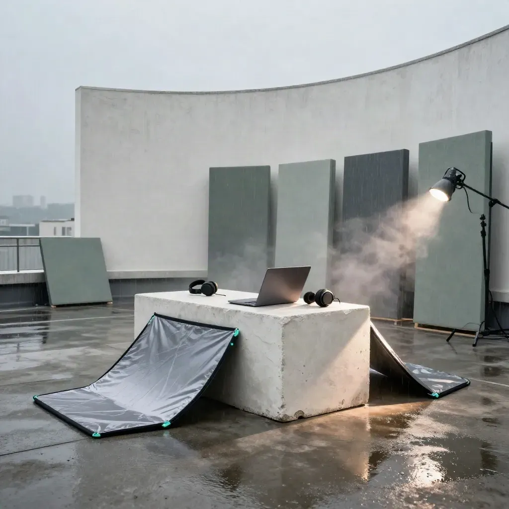 Rain-soaked rooftop campaign set with plaster backdrop, laptop, headphones, and soft cyan glint.