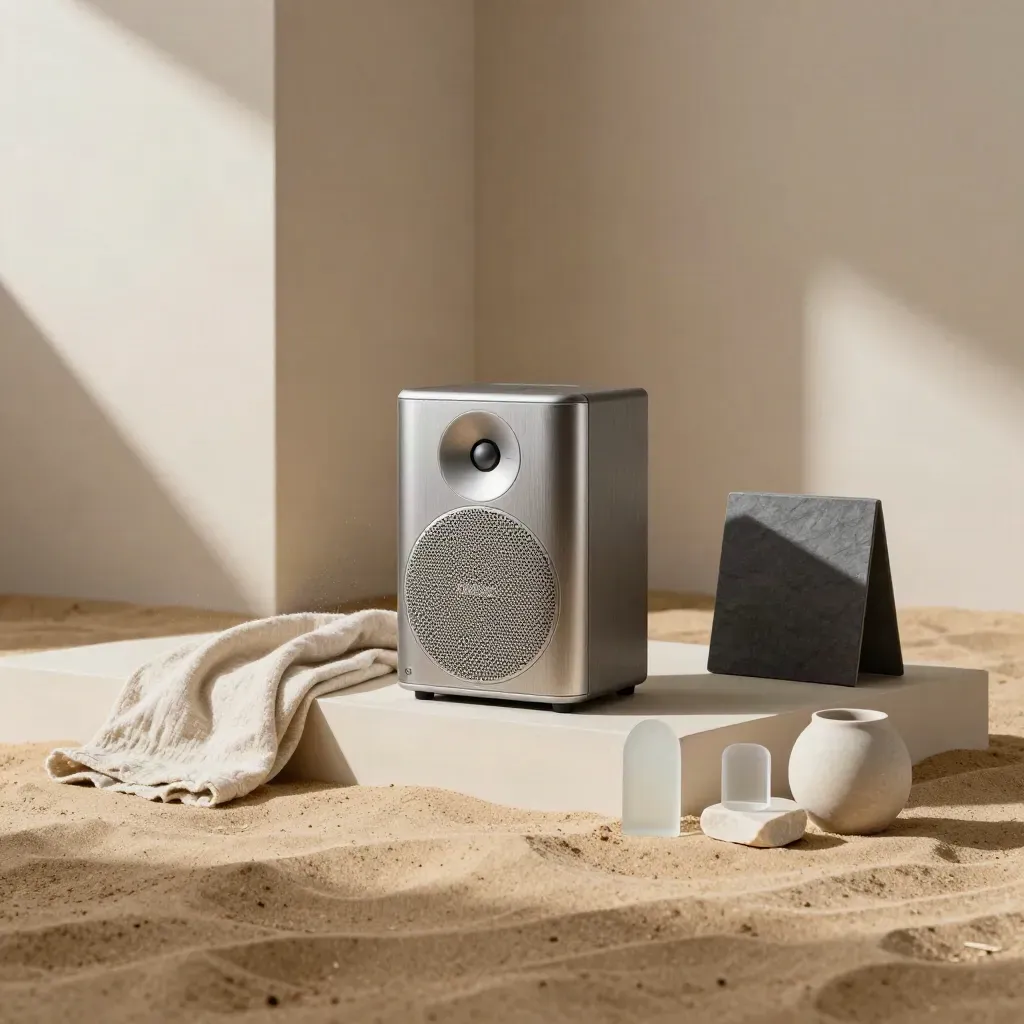 Warm brand-film set with a brushed-metal speaker, linen throw, and neutral props in late morning light.