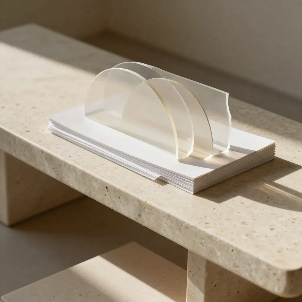 Overhead travertine bench with acrylic shapes and acetate sheets in raking light
