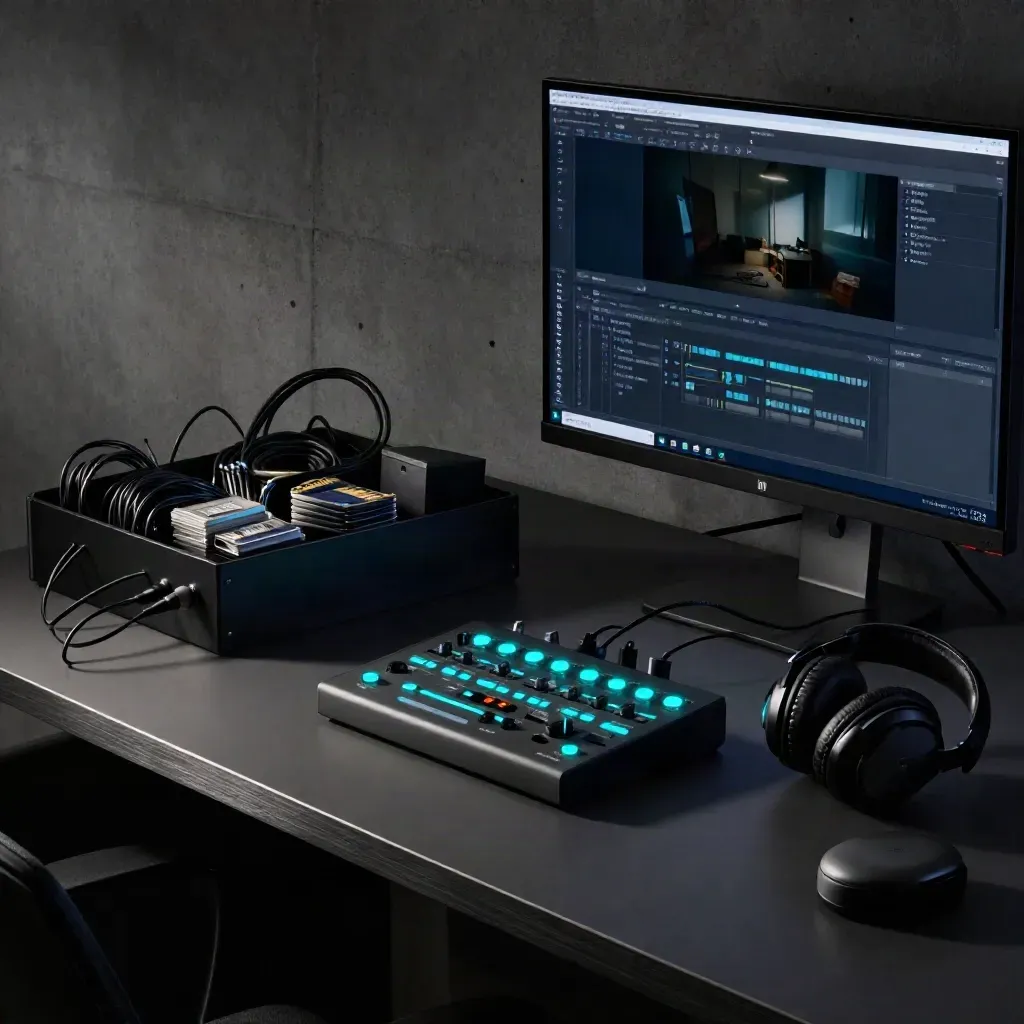 Dark editing nook with glowing audio gear, headphones, and a cyan-lit interface beside an unlit monitor
