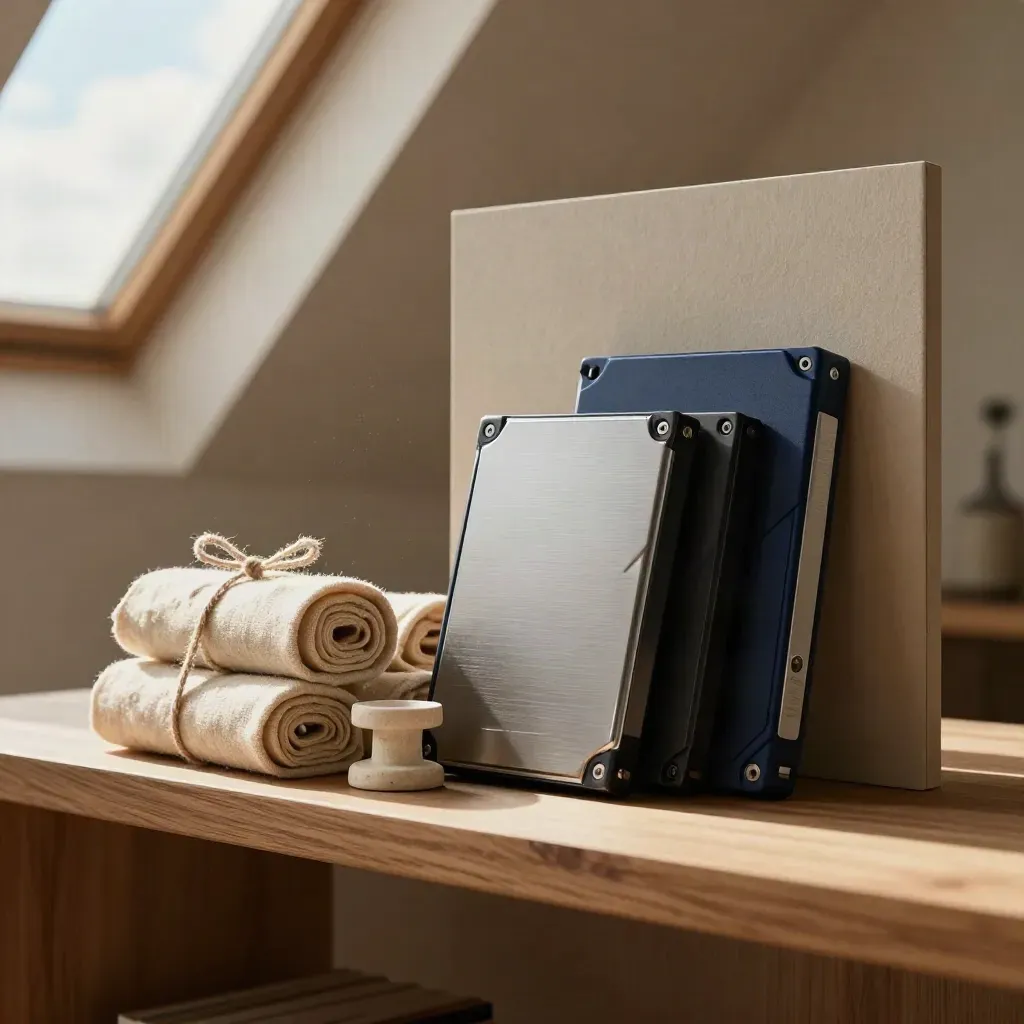 Hard drives, fabric rolls, and a pedestal on a shelf by a bright loft window.