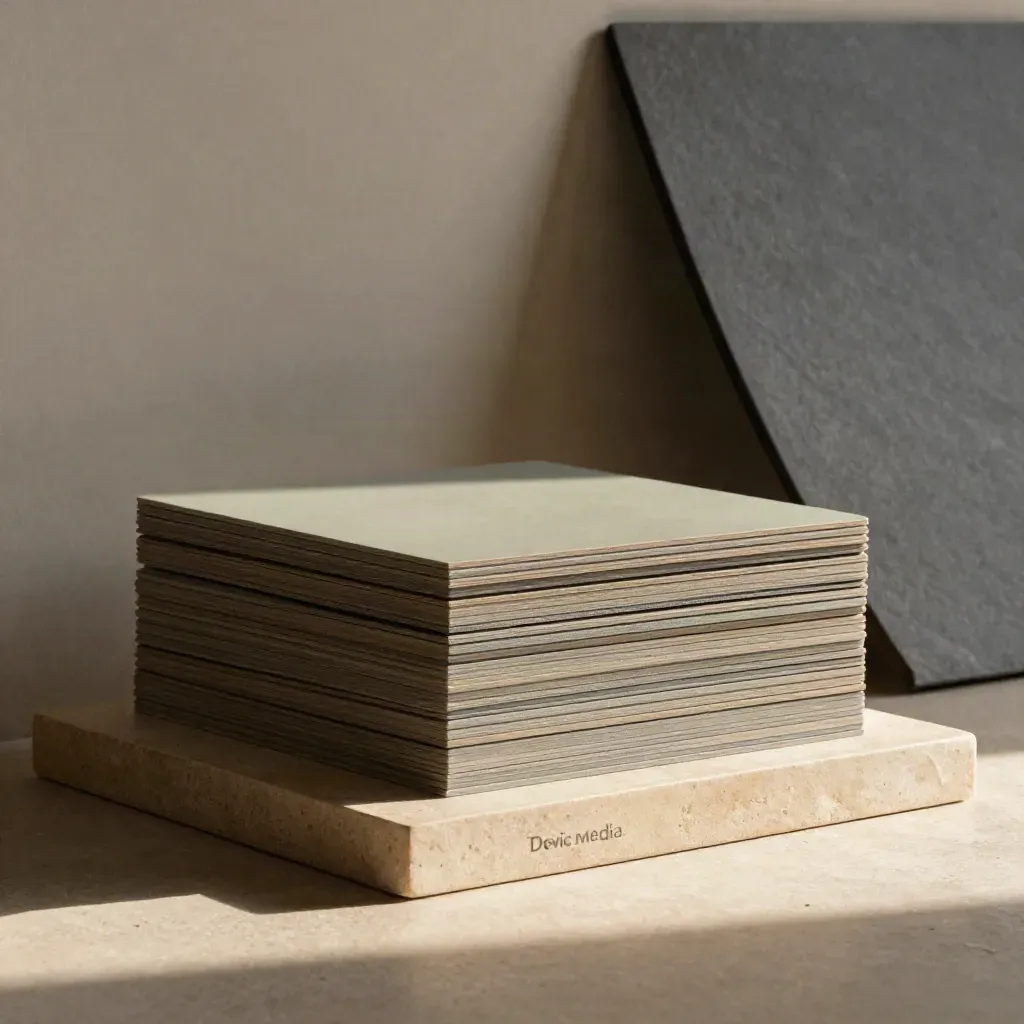 Square crop boards, matte plinths, and a slate reflector in warm sunlit plaster haze.