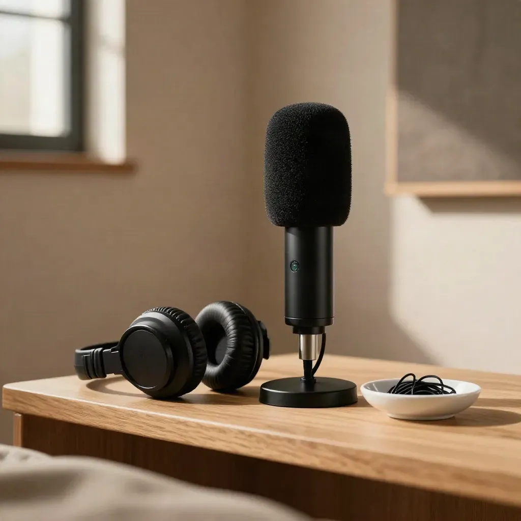 Podcast microphone, headphones, and cable ties in a warm studio corner by window light.
