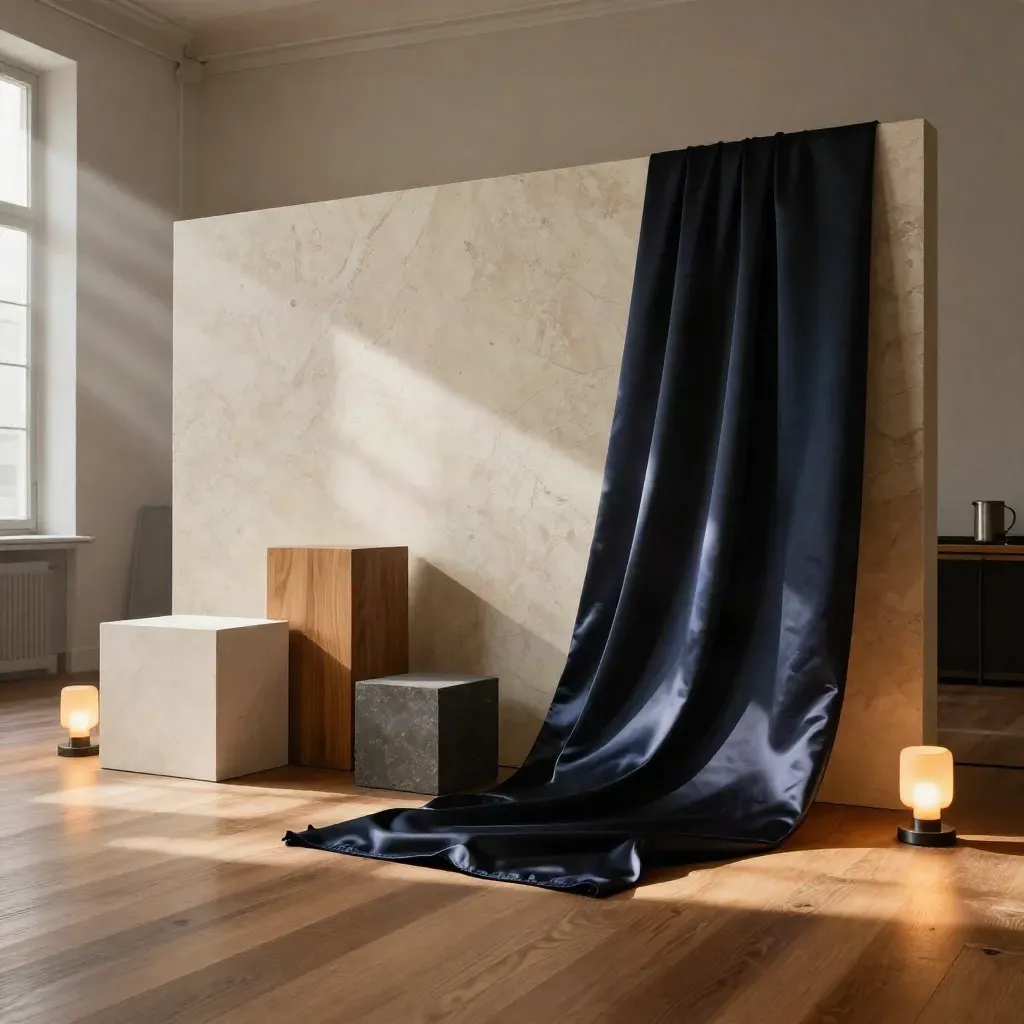 Sunlit loft set with backdrop panel, pedestal blocks, and silk reflector before a product reveal.