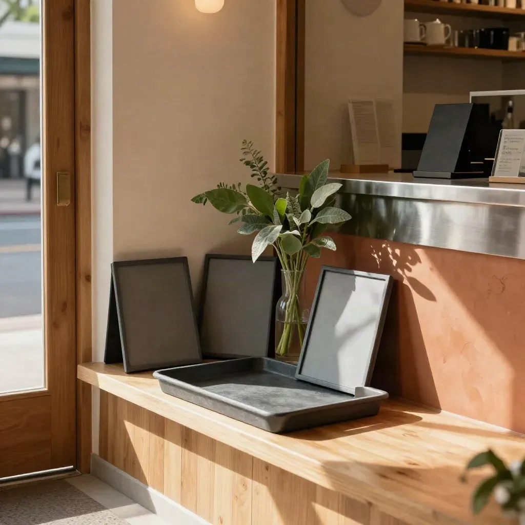 Sunlit storefront counter with trays, blank sign frames, and greenery for a local business pack.