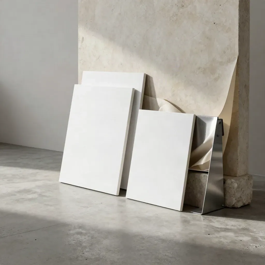 Blank image cards, stone pedestal, and folded backdrop sheet in a hazy studio beam.