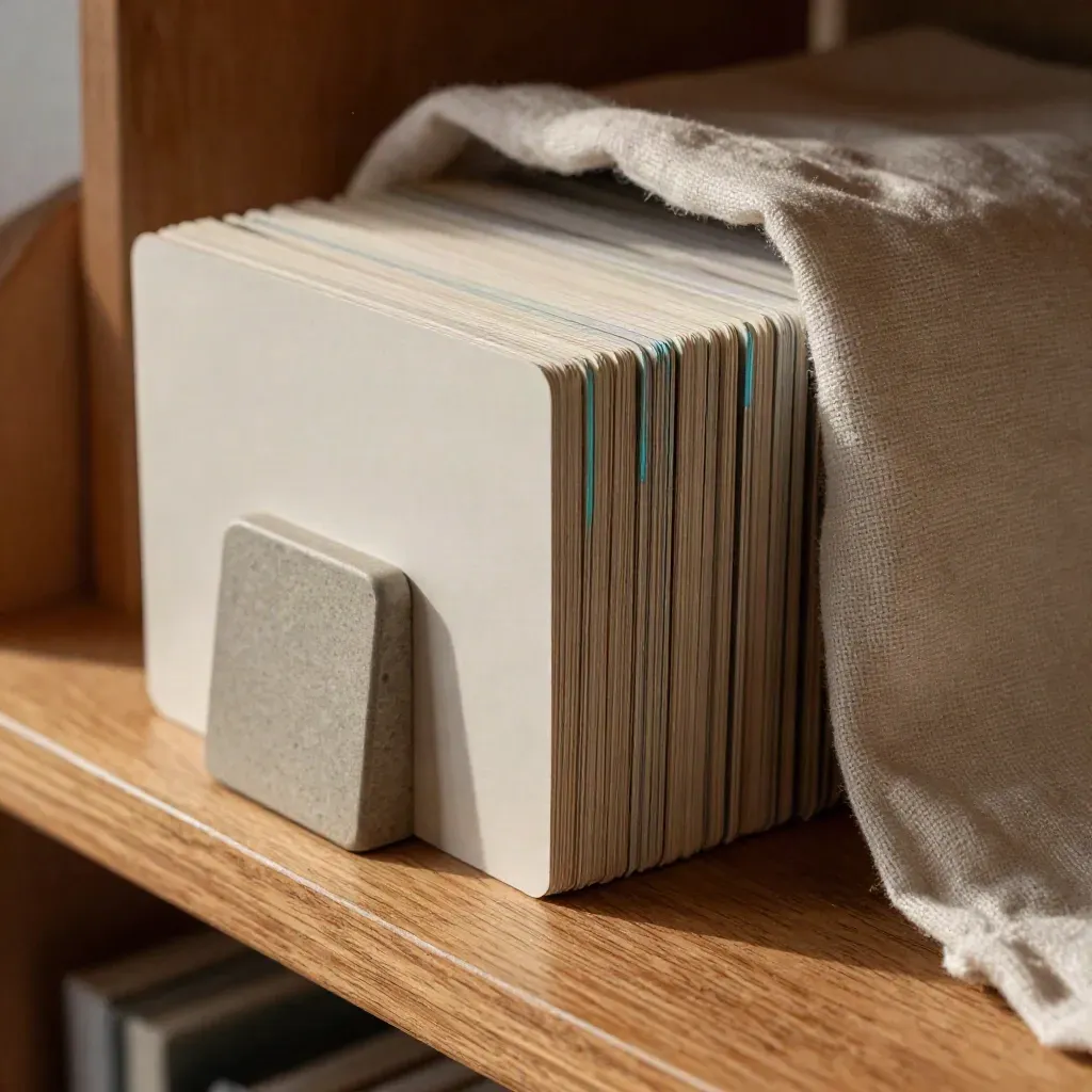 Stacked vertical frame cards on a cedar shelf beside a face-down phone stand and linen drape.