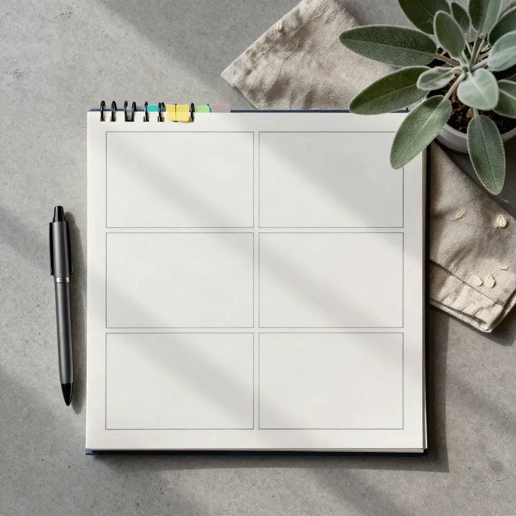 Overhead flatlay of a storyboard deck, graphite pen, linen cloth, and small potted plant on concrete.