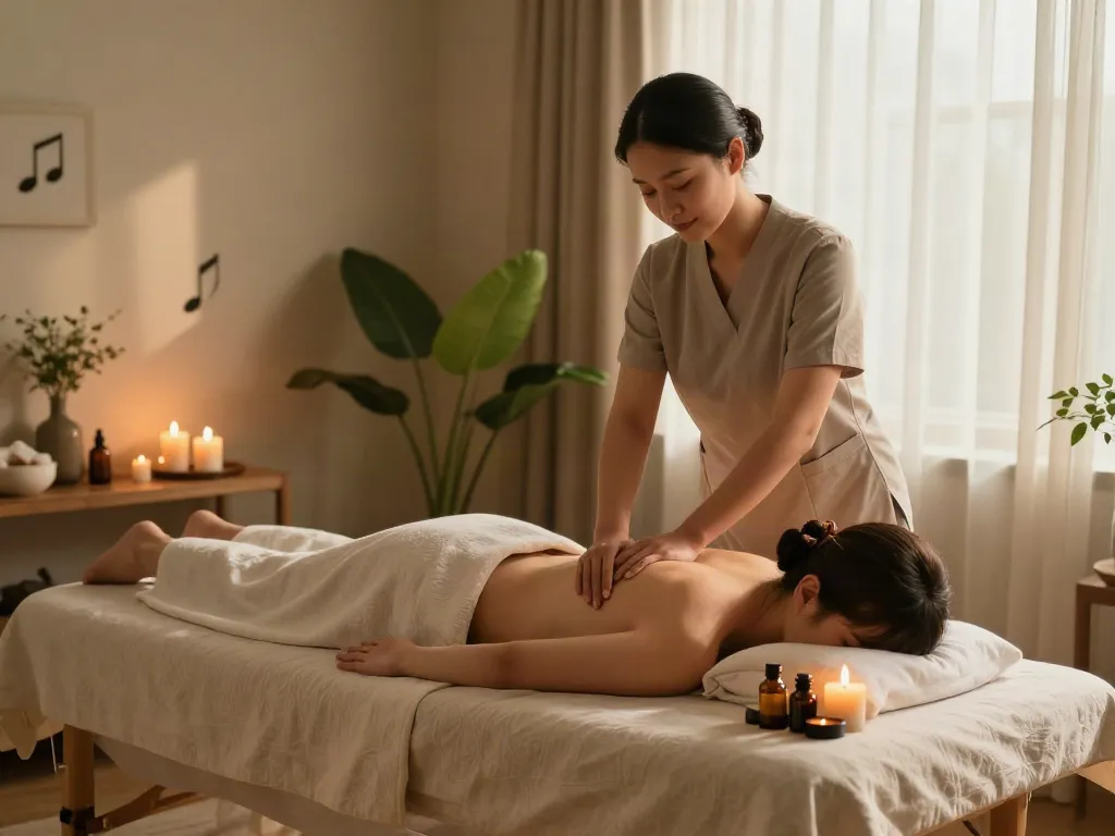 Relaxing home massage scene showcasing 분당출장마사지 therapy with soothing ambiance.