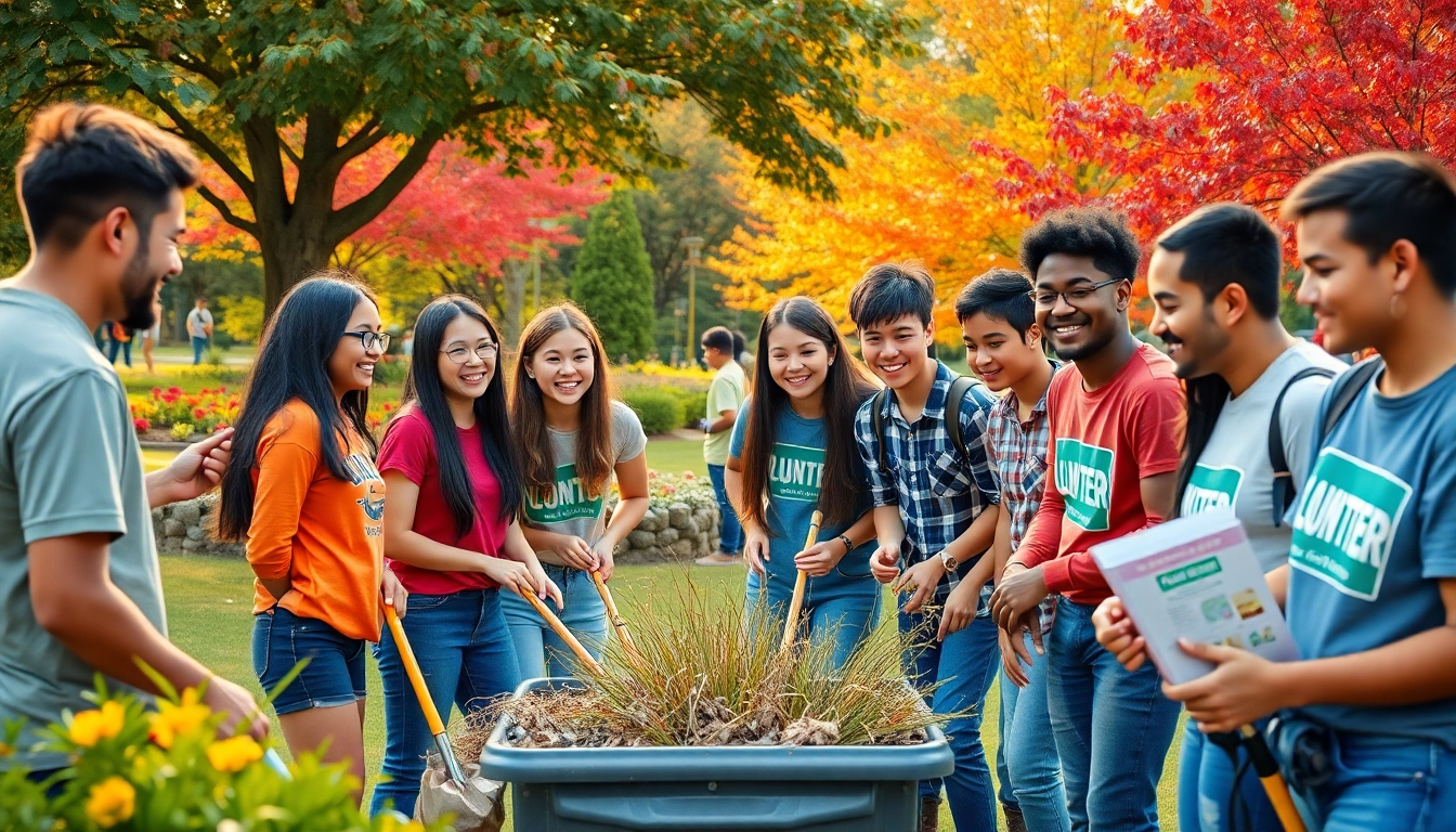 Students involved in community service for students at a vibrant park, showing teamwork and enthusiasm.
