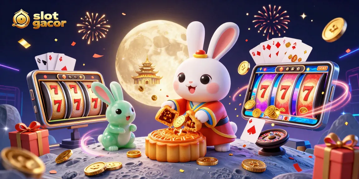 Engage with slot gacor in this vibrant 3D illustration of a moon rabbit highlighting golden mooncakes and exciting casino elements.