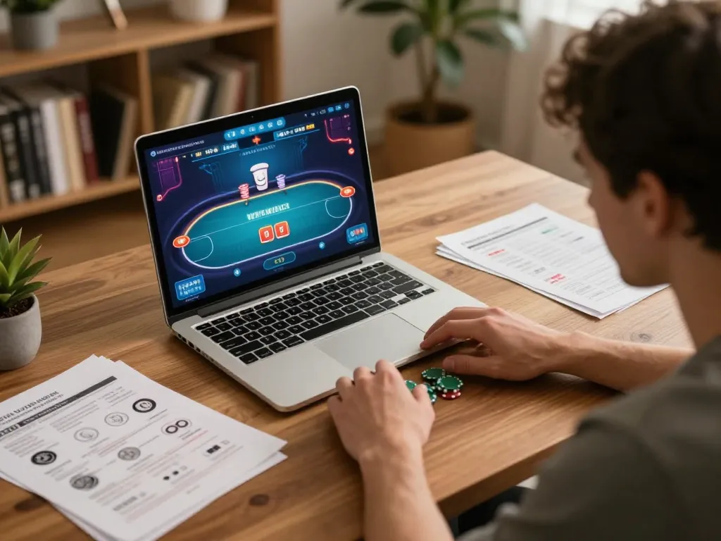 Engaging online poker session at keonhacaii88, showcasing strategic gameplay in a cozy home setting