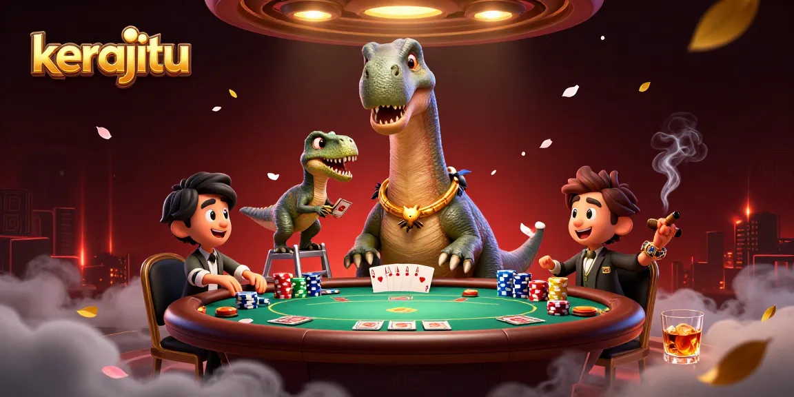 Gambarkan kerajitu dengan brontosaurus besar dan raptor ramah di meja poker yang ramai.