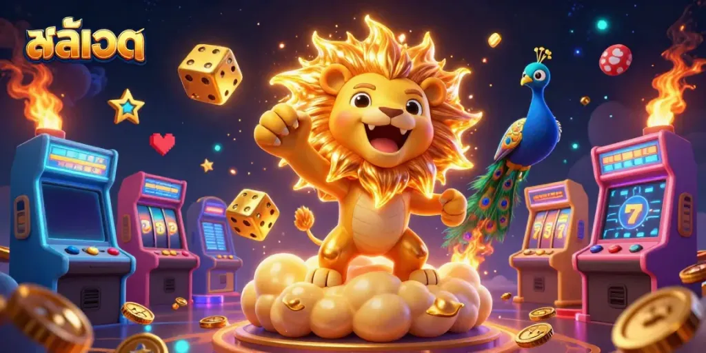 Engage in สล็อต excitement with a dynamic 3D illustration featuring slot reels and golden elements.