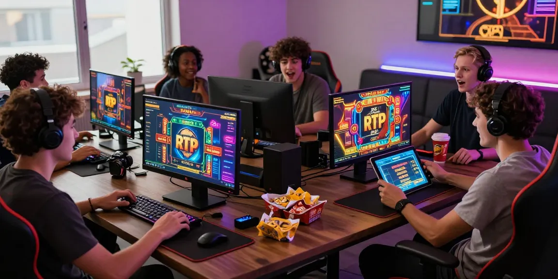 Penggemar rtp slot bermain bersama di ruang gaming yang ceria.