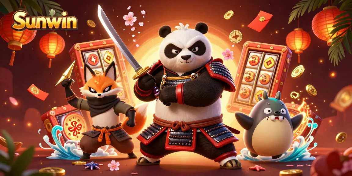 Embark on thrilling adventures with Sunwin's energetic samurai panda, complemented by a ninja fox and a spirit tanuki, surrounded by vibrant gaming elements.