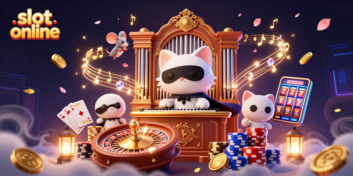 Slot online dengan cat topeng dan mouse akrobat di kasino, permainan penuh keberuntungan.