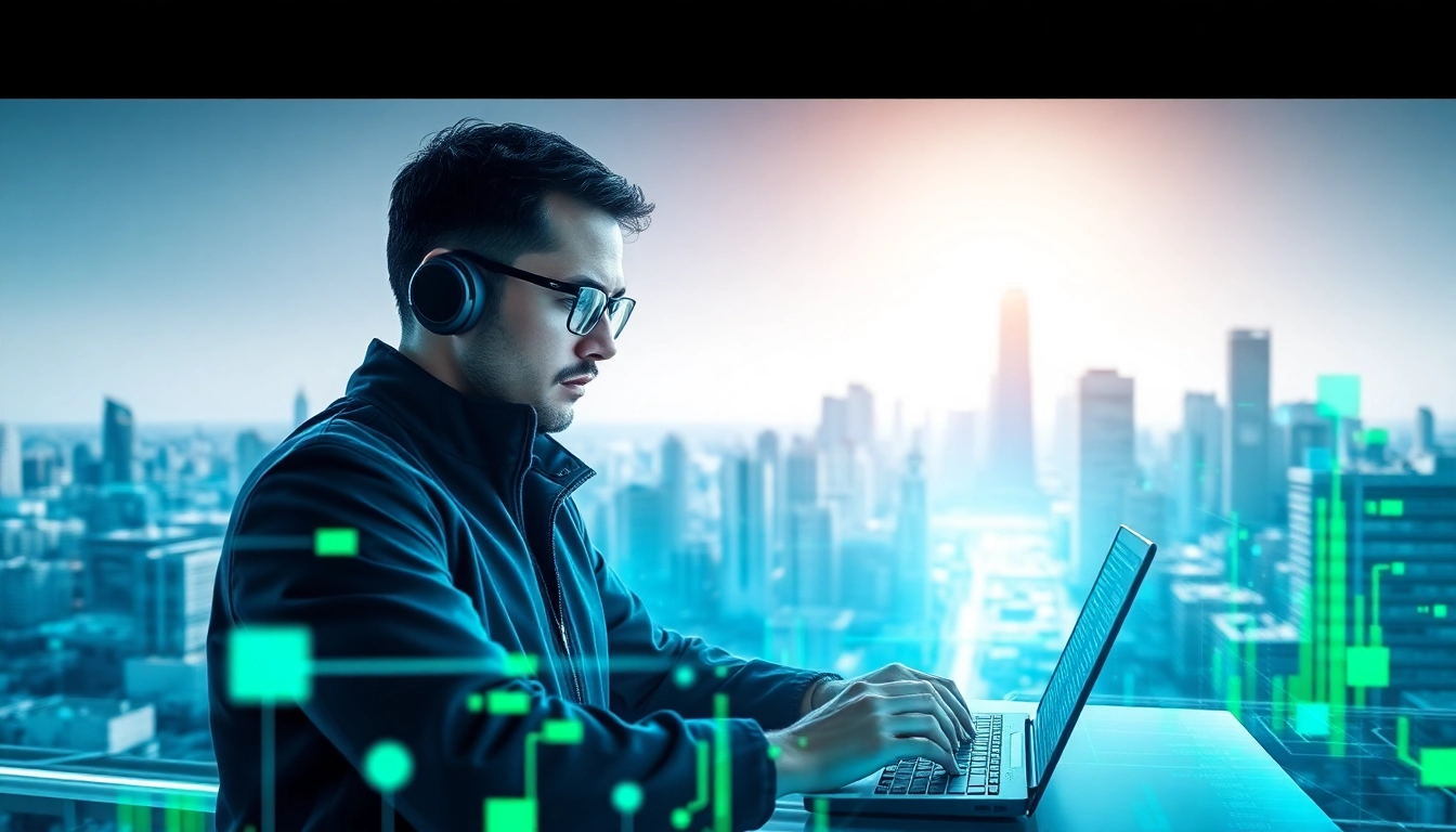 Illustrating EORMC blockchain development, a coder engages with advanced tech in a bright, futuristic setting.