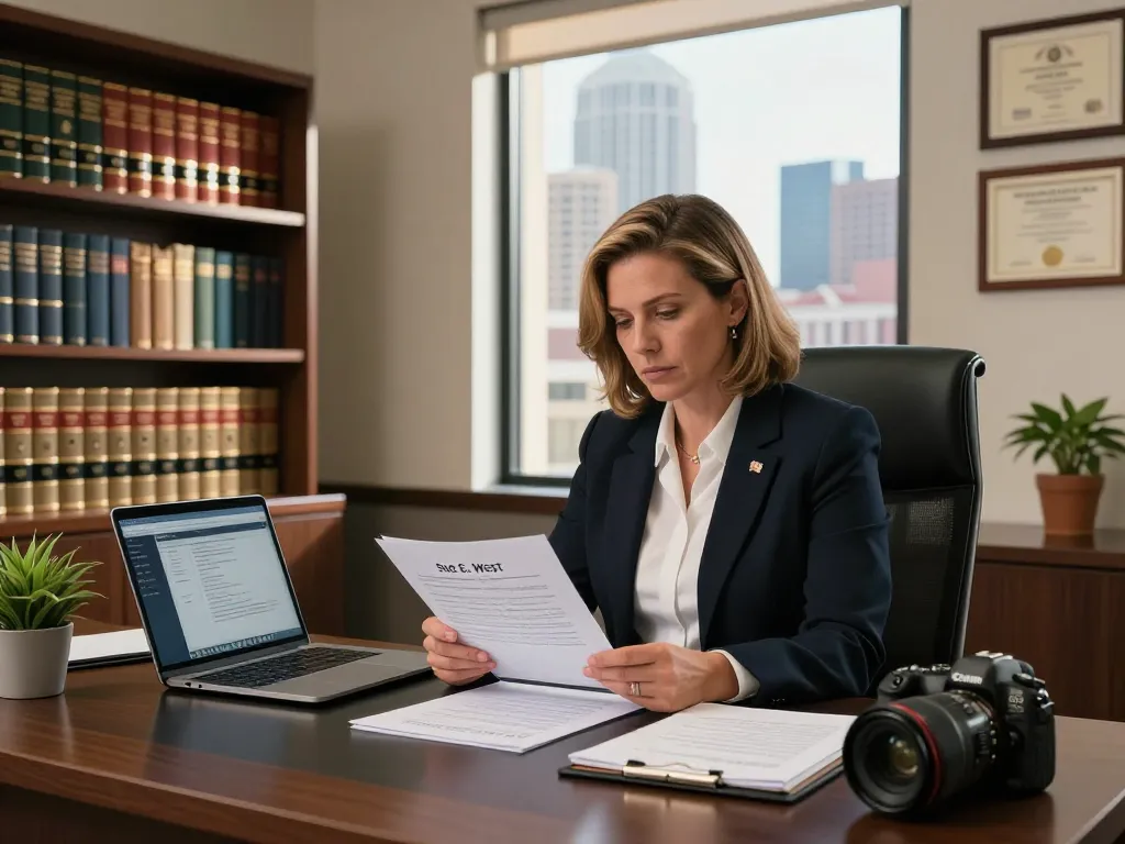 Houston Personal Injury Attorney Sue E. West focused on case files in a professional office setting, showcasing her dedication to clients.