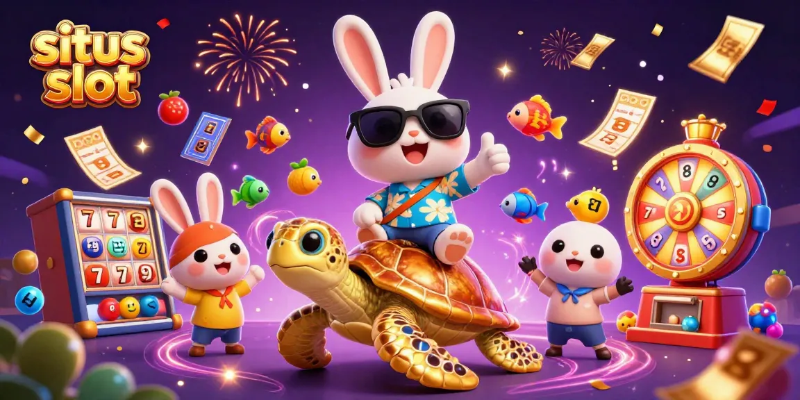 Engage with situs slot gameplay featuring an adorable rabbit and golden turtle in a vibrant casino scene.
