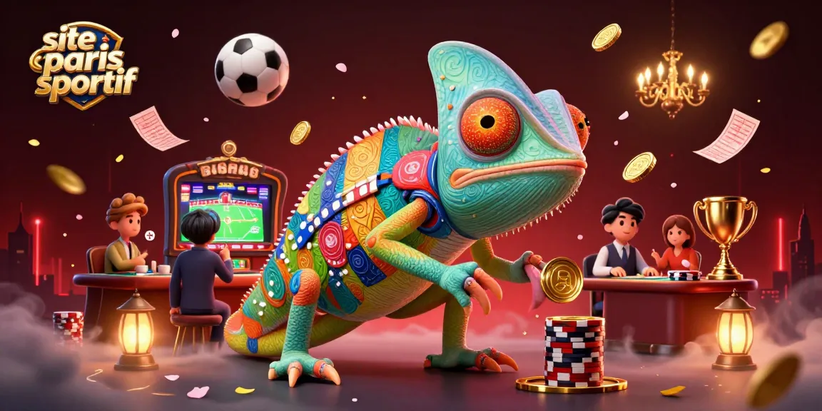 Illustration dynamique du site de paris sportif avec un caméléon de casino captivant entouré d'éléments de paris sportifs.