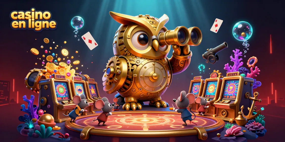 Jouer au casino en ligne avec des machines à sous et un hibou doré observateur dans une illustration animée.