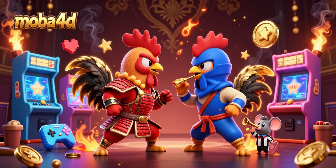 Engage in thrilling online battles at moba4d with fighting roosters in dramatic casino-themed illustration.