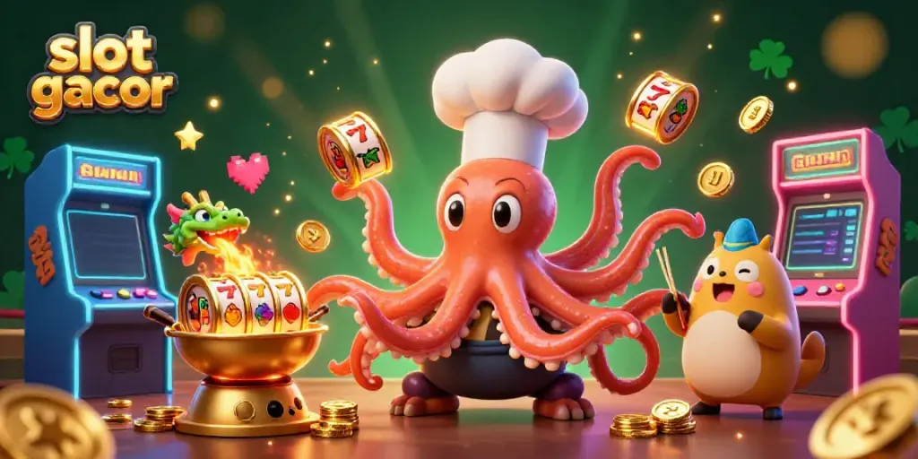 Engage with slot gacor adventure featuring a sushi chef octopus, dragon, and tanuki in a vibrant casino scene.