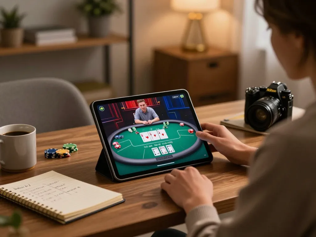 Playing poker on a tablet at home, showcasing llwin gaming strategy with notes and cozy ambiance.