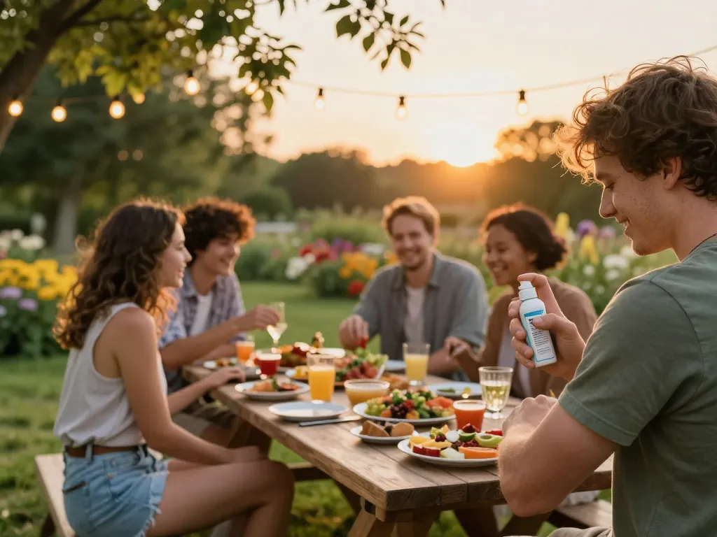 Person applying Best Mosquito Repellent while enjoying an outdoor barbecue with friends in a vibrant garden setting.