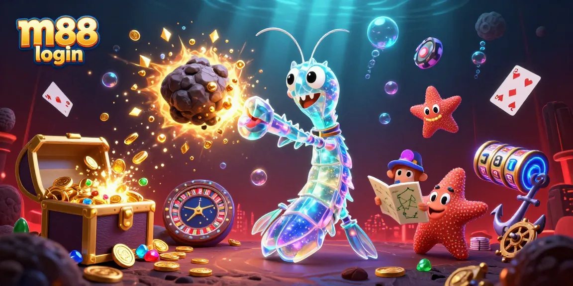 Engage with the thrilling m88 login scene featuring a mantis shrimp and starfish in a vibrant casino underwater.