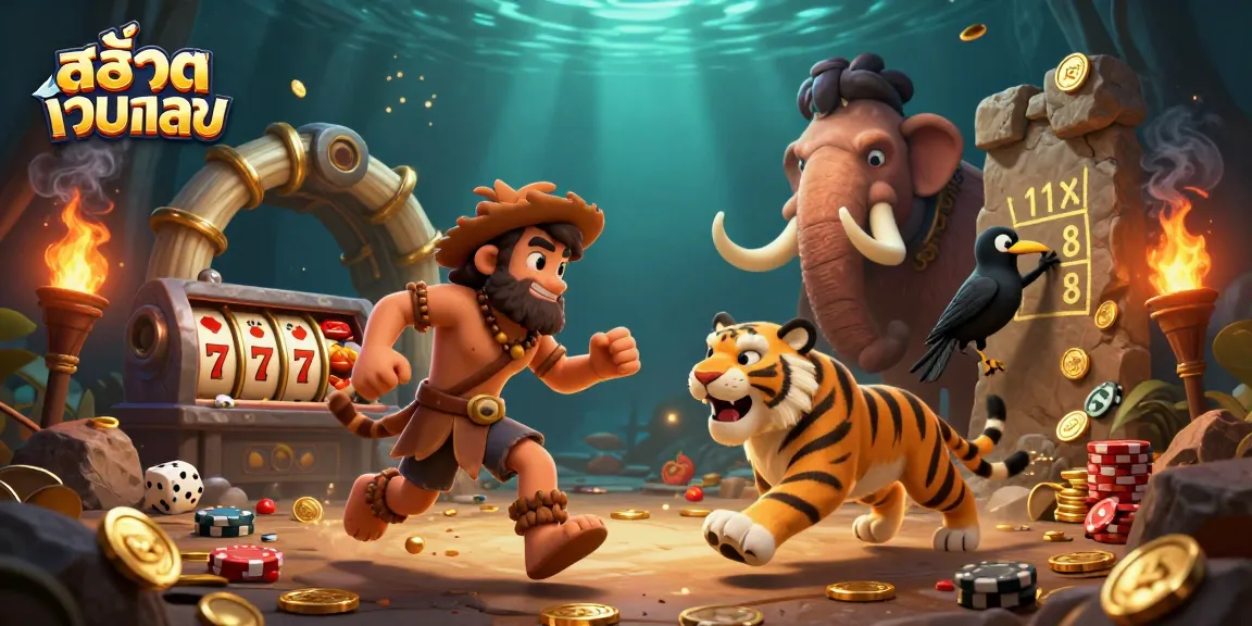 Engage with สล็อตเว็บตรง in an ultra-detailed prehistoric casino with vibrant gaming elements.