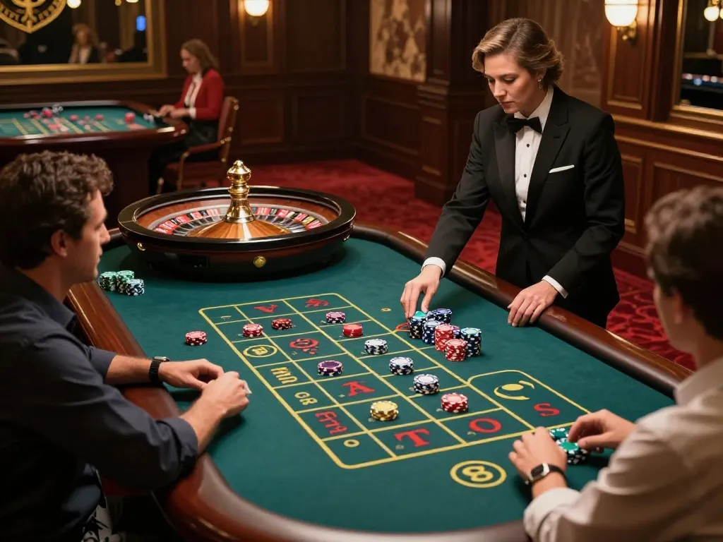 Players enthusiastically placing bets at a gem88 roulette table in an elegant casino setting.