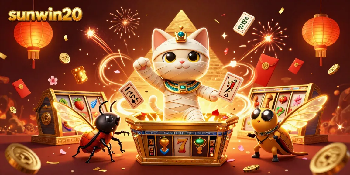 Win big with sunwin20 in a vibrant casino scene featuring a mummy cat and gaming excitement.