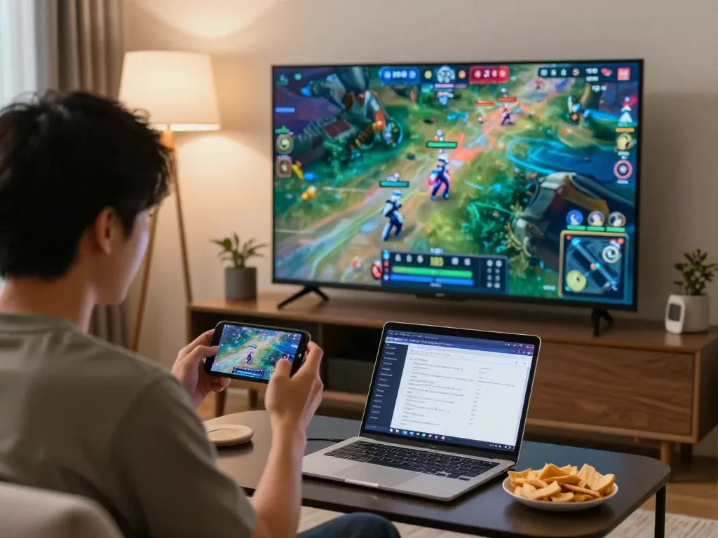 Engaging in esports betting Singapore through a smartphone during a live match in a cozy home setting.
