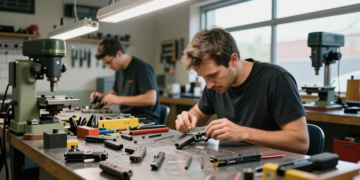 Gunsmith at https://precisionglockslides.com meticulously crafting a Glock slide with precision tools in a bright workshop.