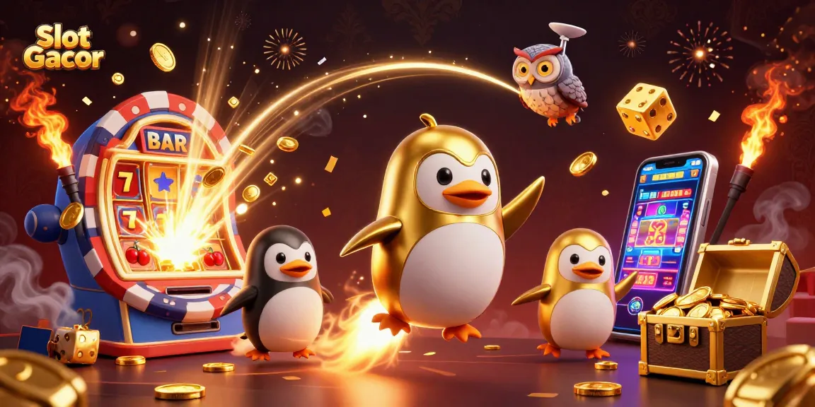Menghadirkan Slot Gacor, jackpot megah pecah dengan simbol berkilau dan penguin emas yang beraksi.