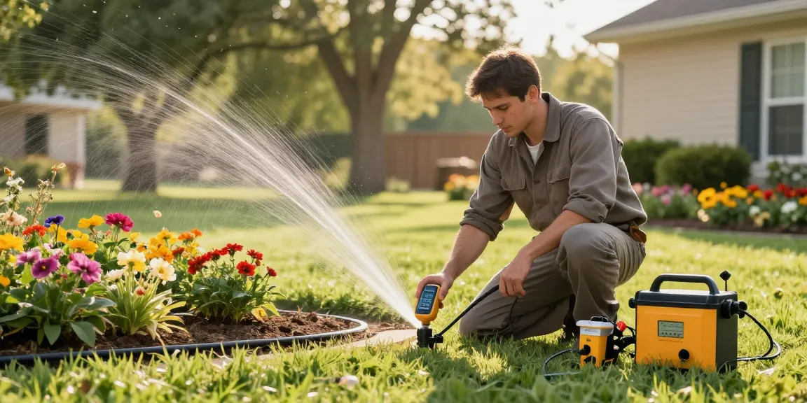 Professional Irrigation Services in Bedford, TX, showcasing a technician repairing an irrigation system in a vibrant garden setting.