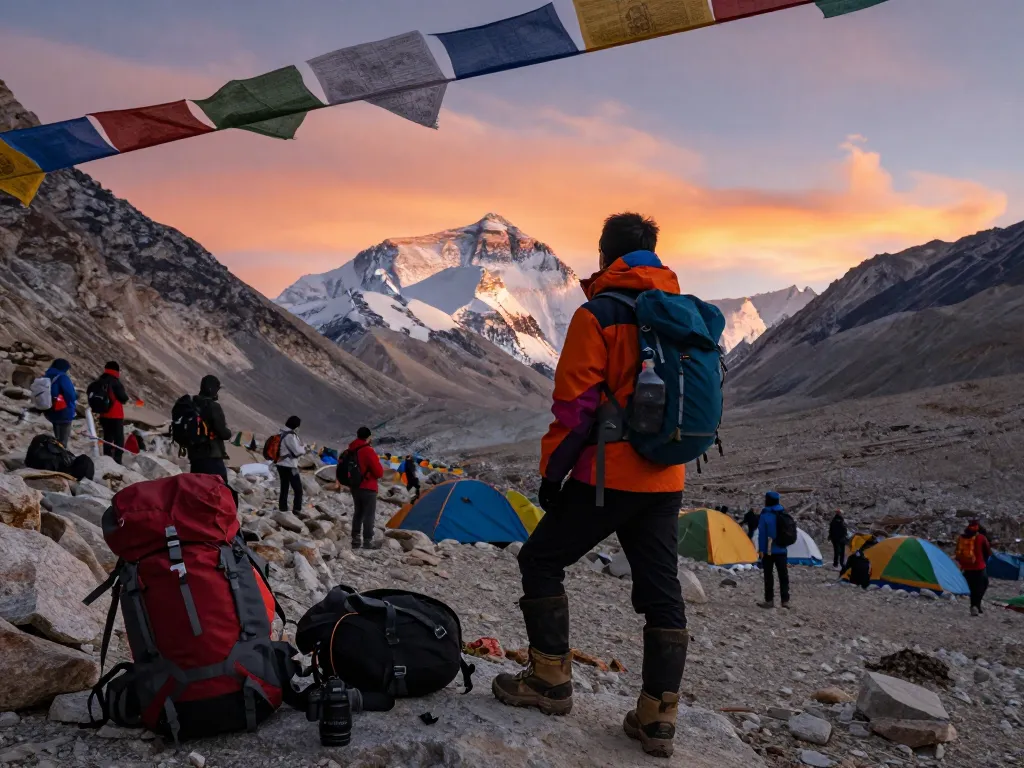 Stunning view of Everest Base Camp with trekkers enjoying the sunrise during Everest Base Camp Trek with Helicopter Return.