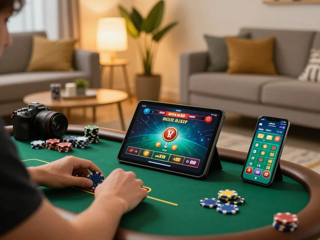 Engaging in online poker gameplay on pintu888top with chips and tablet in a cozy setting.